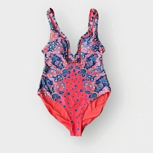 Red Carter Panel Plunge V-Neck One Piece Swimsuit Sz L - Picture 2 of 10